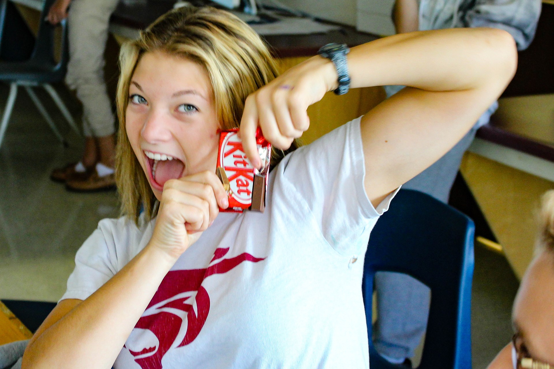 Student showing off KitKat.