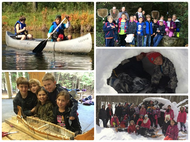 Photo collage of students canoeing, doing winter activities and collecting pond life