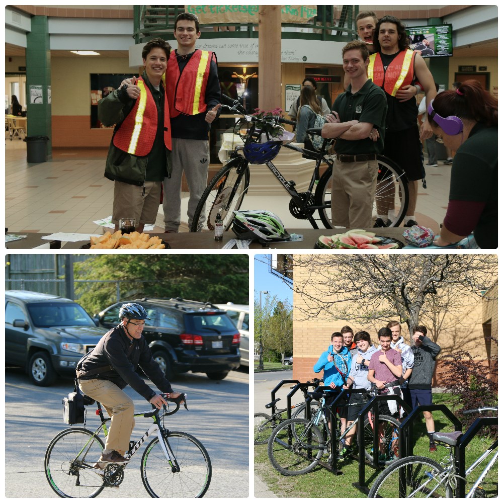 Collage of photos of bike rack, teacher biking and prize.