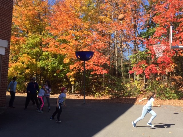 Students are playing basketball together.